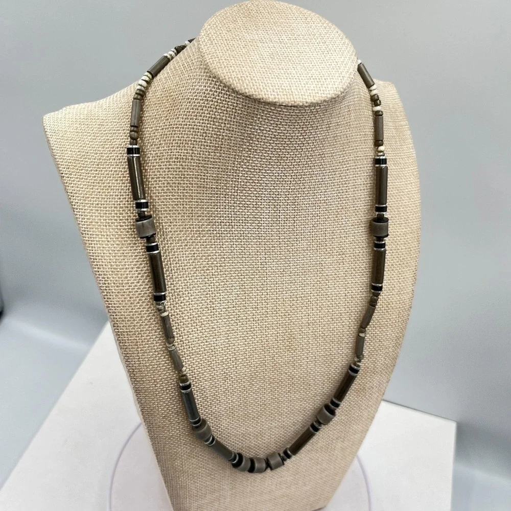 Vintage Retro Earthy Grey Stone & Wood Tube Bead Necklace‎ Boho Tribal Style